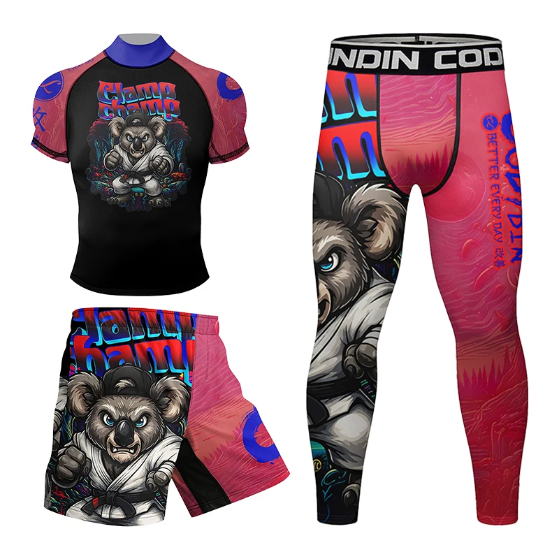 كودي لوندين عالية الرقبة طفح الحرس MMA السراويل + طماق 4/قطعة مجموعات الصالة الرياضية اللياقة البدنية ضغط ارتداء الرجال MMA Rashguard مع المطاط مكافحة