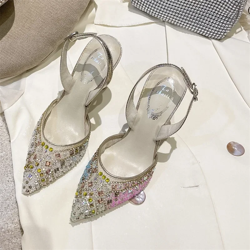 Summer New Crystal Wedding Shoes, High Heels, Thin Heels, Baotou Fairy Princess Girl, Design Sense, Temperament, Water Diamond