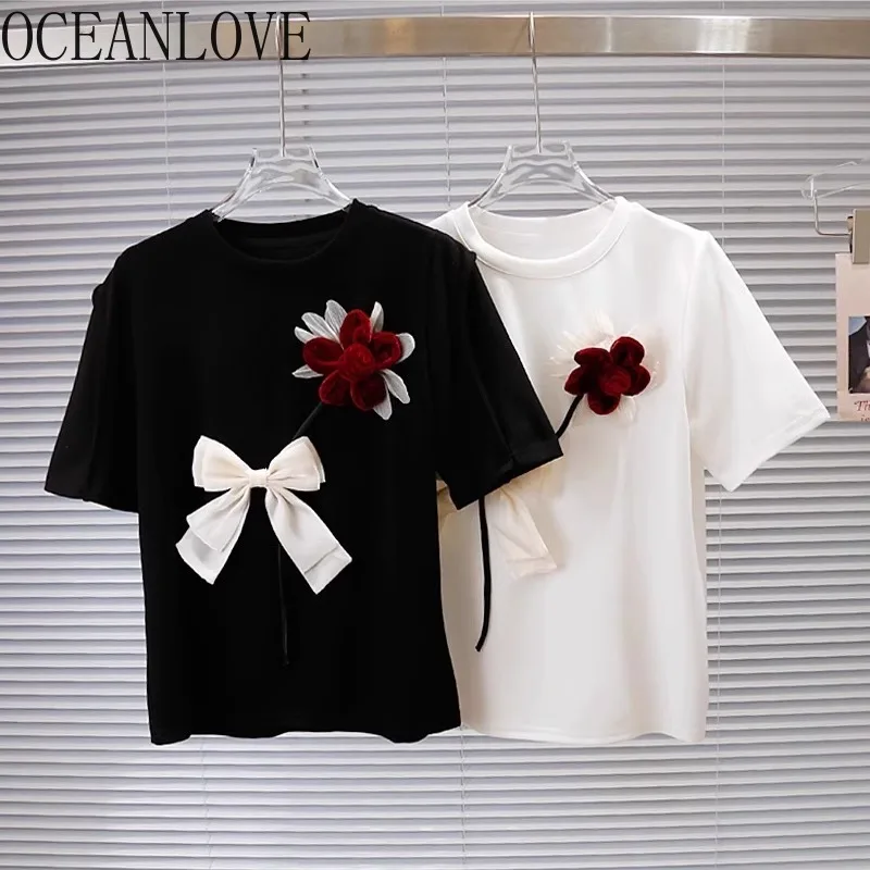 OCEANLOVE Bows T Shirt for Women Spring Summer 3D Flowers Elegant Ropa De Mujer Korean Fashion Sweet Chic Camisetas Tops