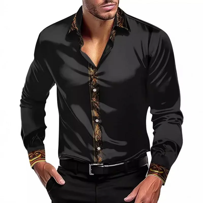 2026 Autumn Men's Luxury Satin Silk Shirt Long Sleeve Gold Baroque Print Slim Fit Casual Business Party Dress Shirt Streetwear