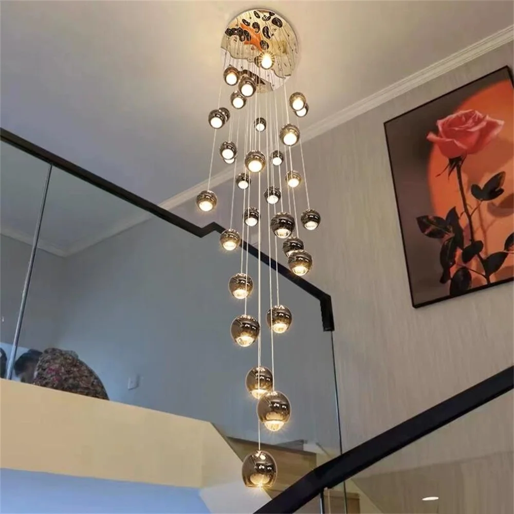 estilo nordico moderno lampada led longo lustre globo de aluminio escadaria espiral sala de estar sala de jantar villa duplex 01