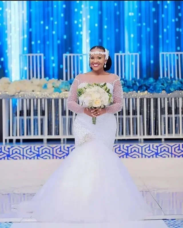 تخصيص المرأة السود الأفريقية تصميم طويل الأكمام اليدوية خياطة اللؤلؤ الدانتيل الكرة ثوب الزفاف حورية البحر فستان الزفاف 2025 #1