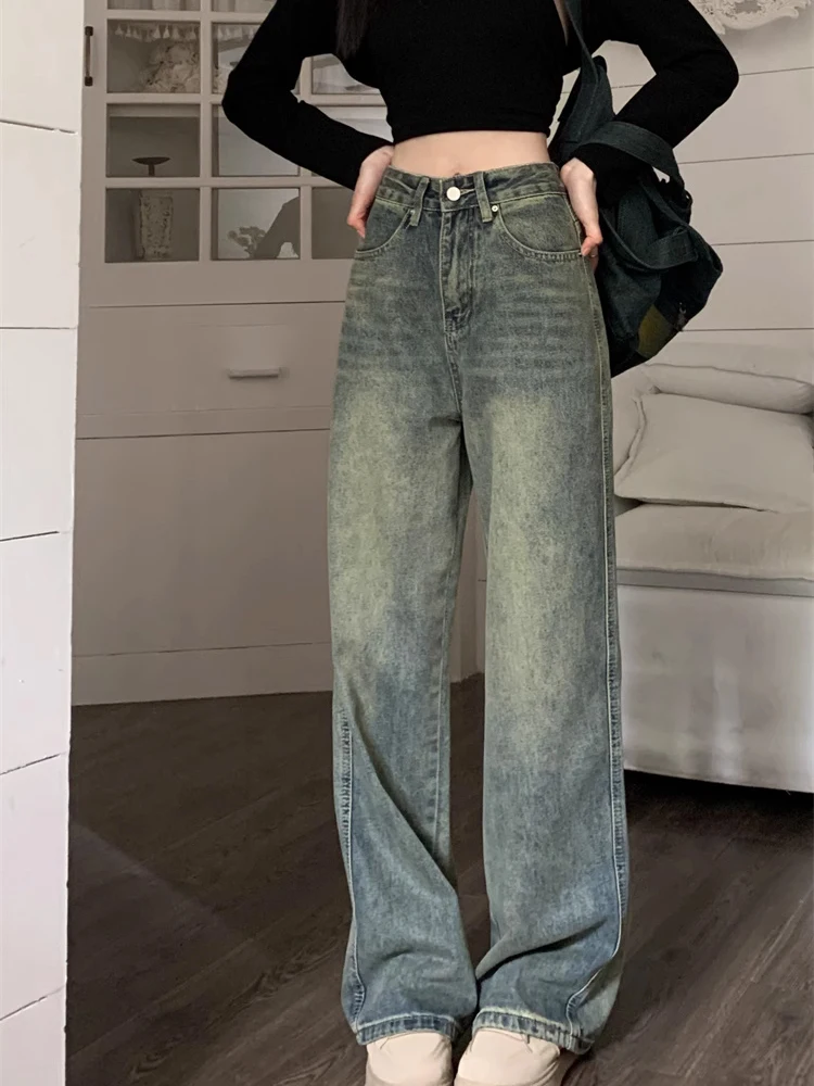 Damskie jeansy retro w stylu amerykańskim Waed, luźne spodnie z szerokimi nogawkami, proste, długie do ziemi, z wysokim stanem.