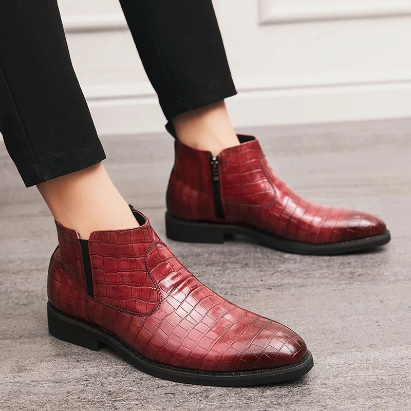 Luxury Leather Red Boots Man Bright Crocodile Chelsea Boots Men Pointed Zipper Men\'s Ankle Boots Big Size 46 botina masculina