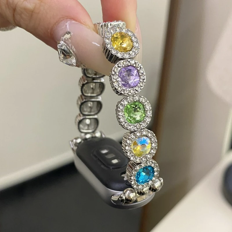 Elegant Colorful Round Gem Metal Watch Strap for Xiaomi Band 10 9 8 NFC Sparkly Diamond Bracelet Wristband 18 20 22mm Accessory