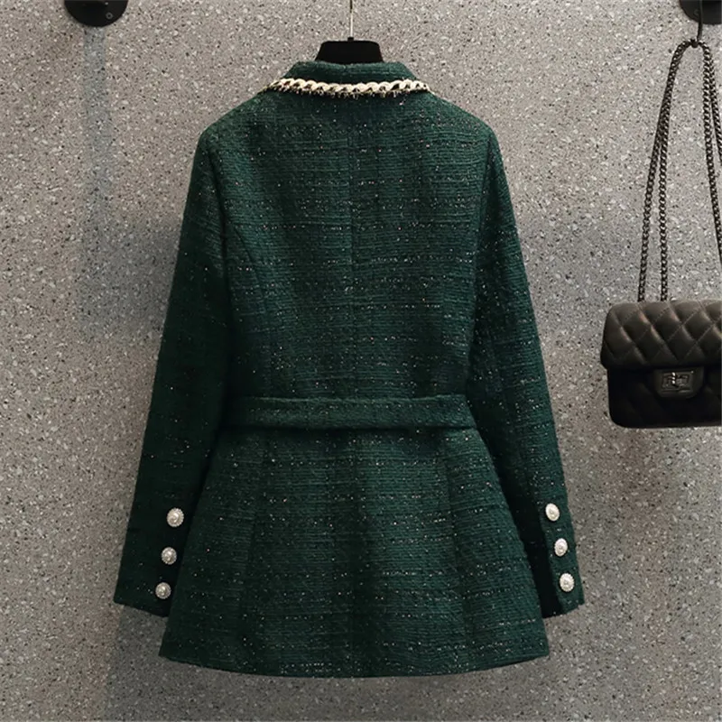 Autumn Winter Women Tweed Blazer Jacket Designer Fashion Pocket Spliced Slim Green Suit Jacket Lady Elegant Formal Blazers Coat