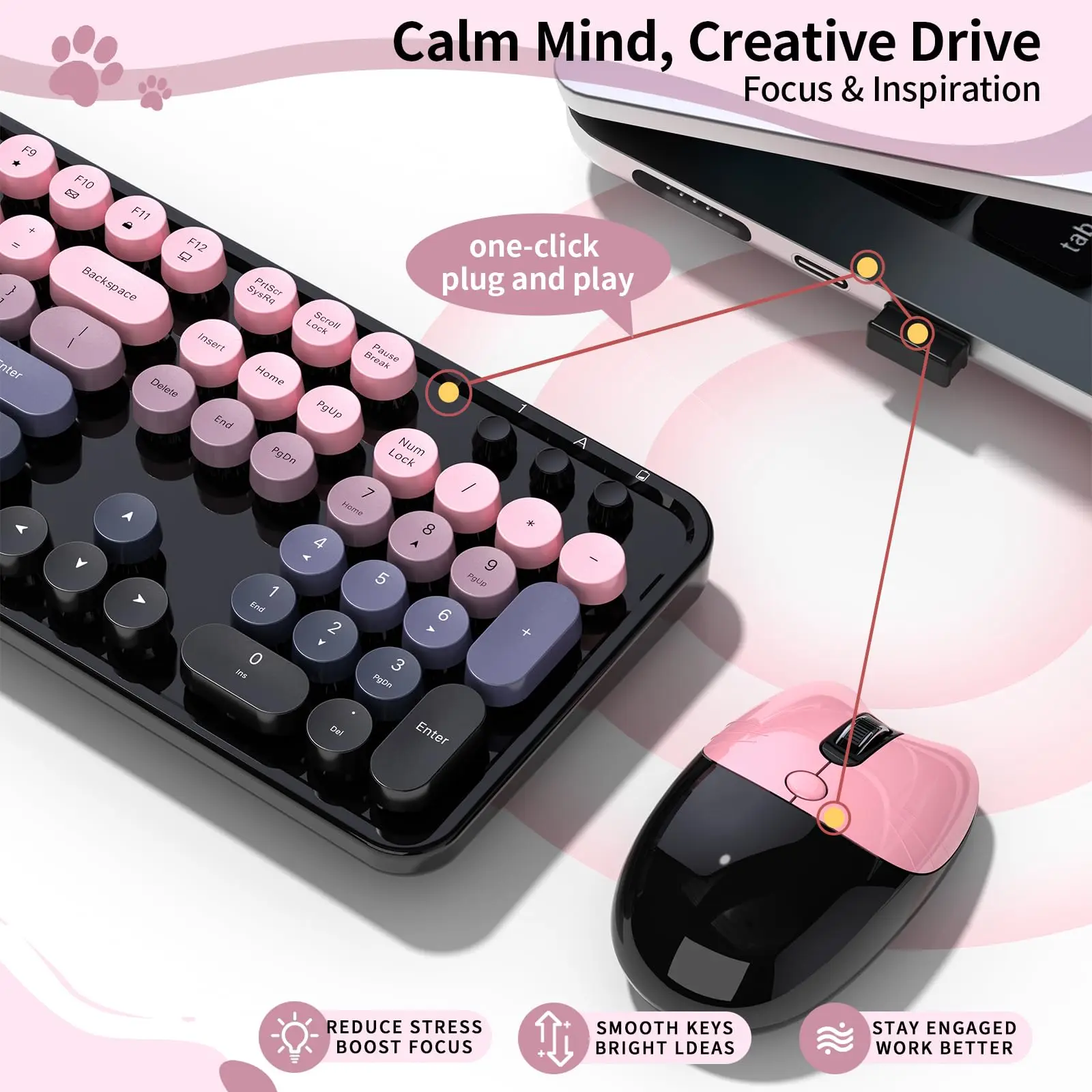 MOFii Sweet Wireless Bluetooth Dual Mode Rechargeable Keyboard Mouse Combo, Gradient Retro Round Keycaps, US QWERTY Layout