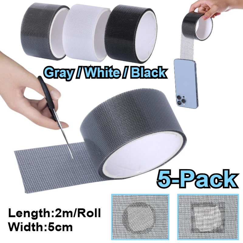 5-Pack Black/White/Grey Window Screen Repair Tape 5cm Width X 2m Length for Doors Strong Adhesive Fiberglass Mesh Patch Tape