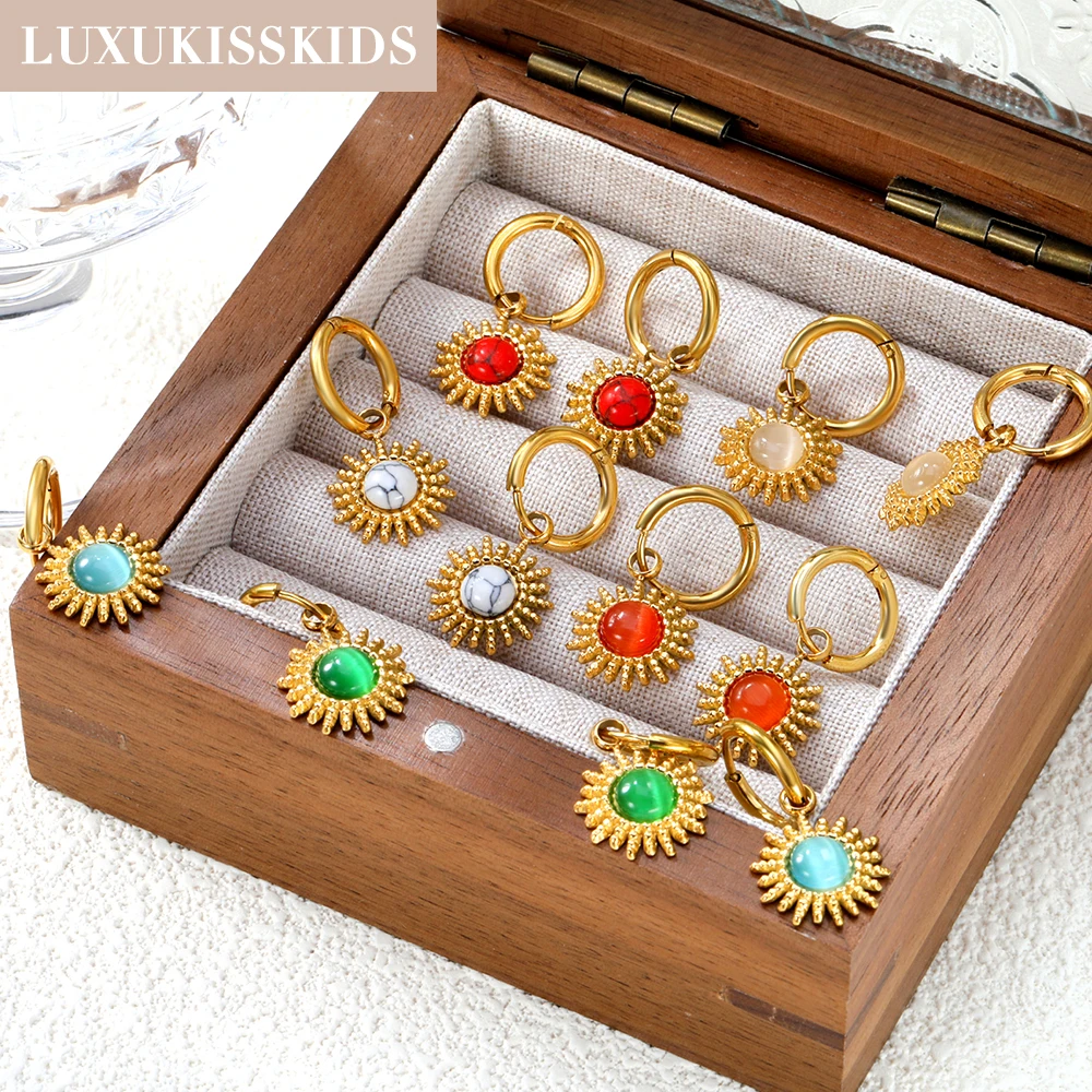 LUXUKISSKIDS-pendientes colgantes de acero inoxidable para mujer, dijes de piedra Vintage, colgante redondo de lujo, joyería para fiesta y boda