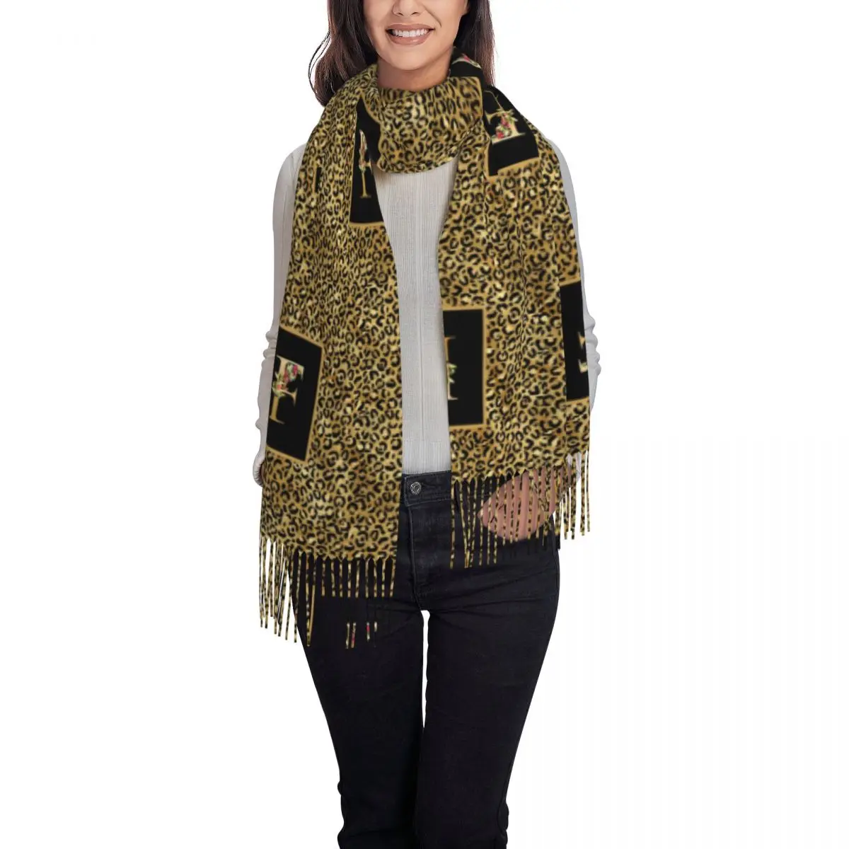 Custom Stylish Leopard Pattern Letter Tassel Scarf Women Winter Fall Warm Shawls Wraps Ladies Scarves