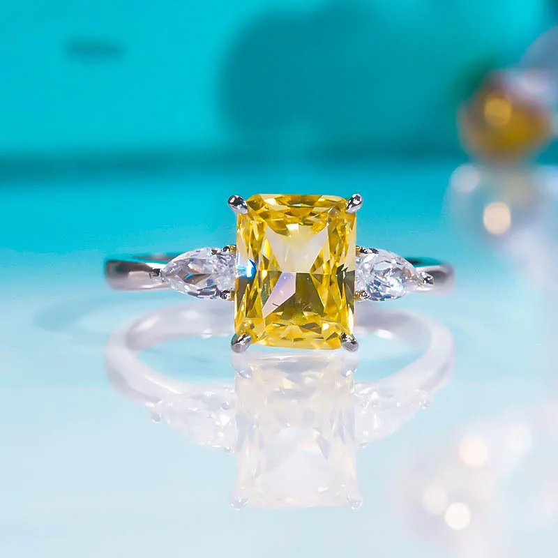 Emerald Cut Natural Yellow Citrine 925 Sterling Silver 3 Stone Ring Anillos for Women Rectangle Gemstone Jewelry Wedding Gifts