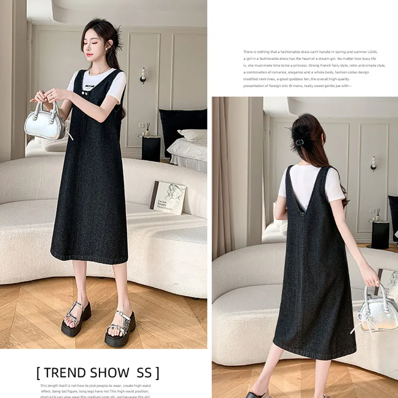 Vestido vaquero holgado informal con tirantes finos para mujer, vestido vaquero de talla grande sin mangas, pantalones vaqueros negros, bata femenina KE25