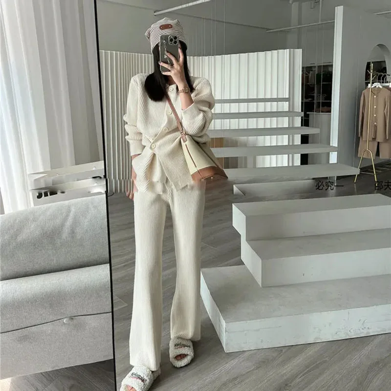 Elegant Knitwears Pants Ensembles Soft Sweater Cardigan Tops Suit Knit Wide Leg Pantalones Conjunto Casual Knitted Two Piece Set