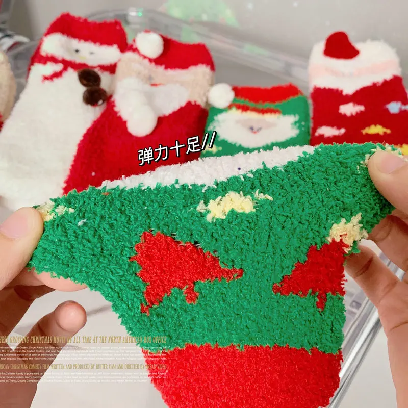 1 Pair Coral Fleece Winter Autumn Woman Girls Thicken Warm Socks Christmas Tree Snowflake Elk Santa Claus Christmas Floor Sock