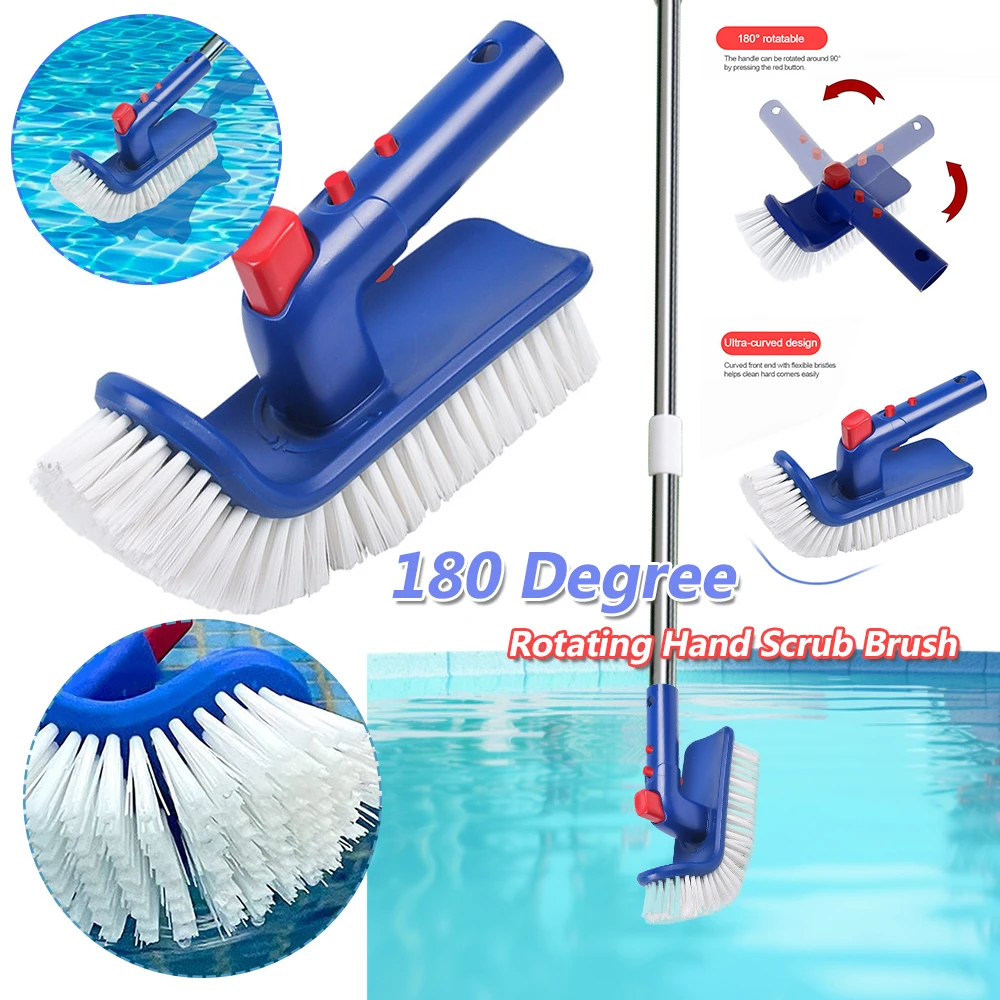 Brosse à récurer manuelle rotative à 180 degrés, extrémité incurvée, brosse pour marches et coins de piscine, poils fins pour piscine creusée et hors sol