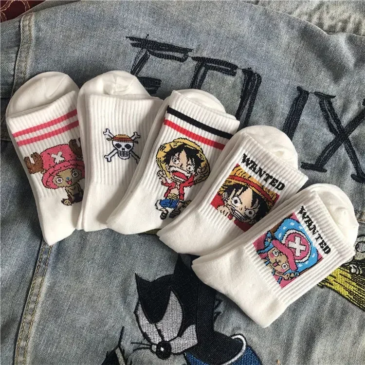 5 pares de calcetines de una pieza de Anime dibujos animados Luffy Chopper estudiante algodón blanco largo corto barco calcetines impresos calcetines de punto regalo para niños