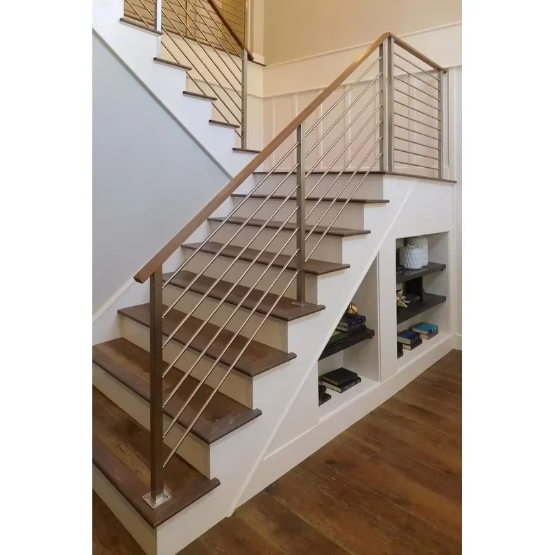 Polished Finish Rod Stainless Steel Railing With Wooden Handrail for Indoor Use