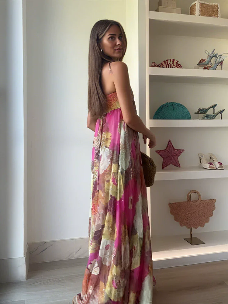 فستان ماكسي مطبوع بدون حمالات فستان نسائي أنيق بدون أكمام عالي الخصر فضفاض فساتين الشارع 2025 فساتين حفلات الصيف والعطلات #4