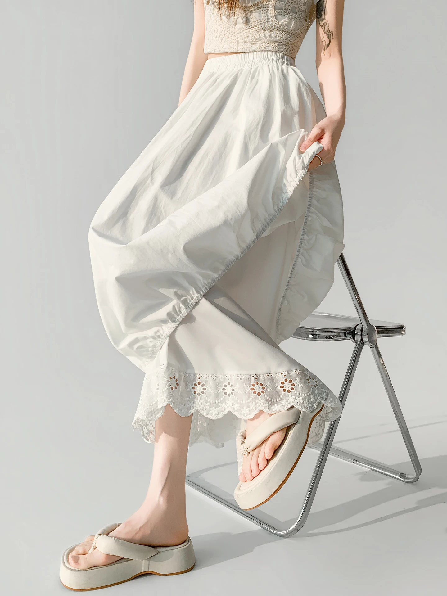 

White Flower Bud Half Skirt Women's Summer New Korean Style Unique Lace Trim Lantern Long Skirt Commute High Waist Polyester ...