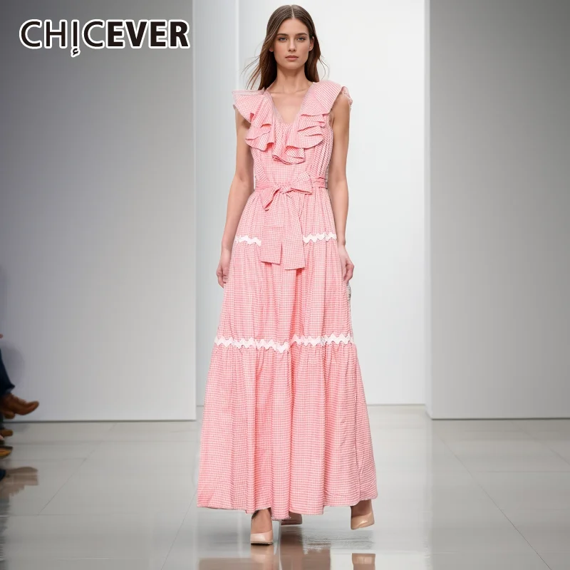 

CHICEVER Spliced ruffles Dresses For Women V Nack Flying Sleeve High Waist Patchwork Lace Up hit color Long Dress Famale Summer