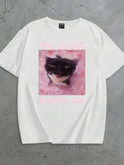 عارضة الأسود القط القلب طباعة تي شيرت أسود أبيض قاعدة اللون الأسود القط وجه غريب الوردي النص العصرية مضحك أعلى #4