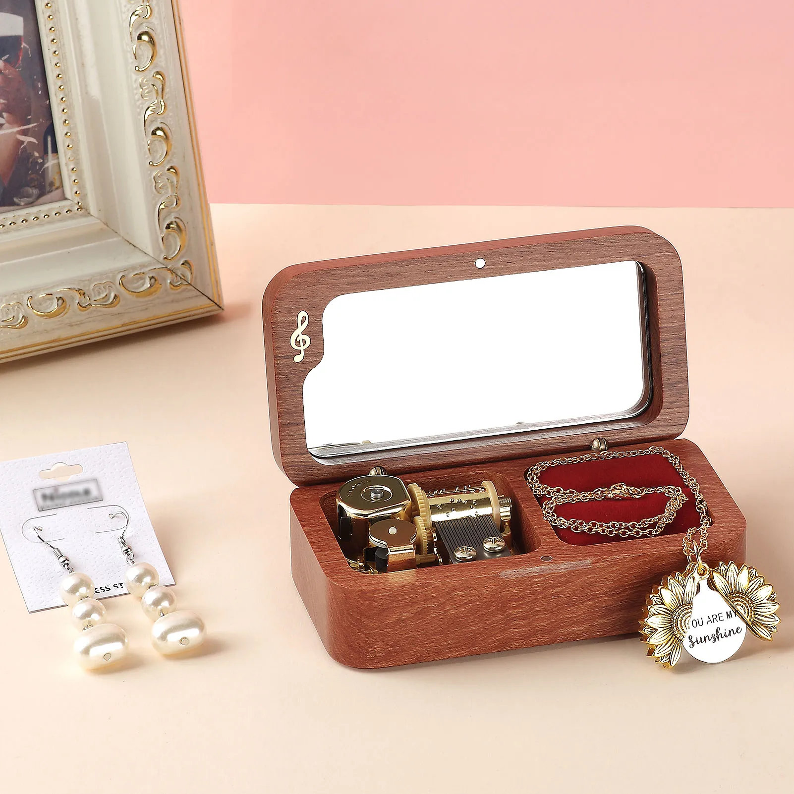 Roosiking rosewood Ring Box Music Box Jewelry Organizer Family Valentine's Day Christmas New Year Gift(Tune:You are my sunshine）