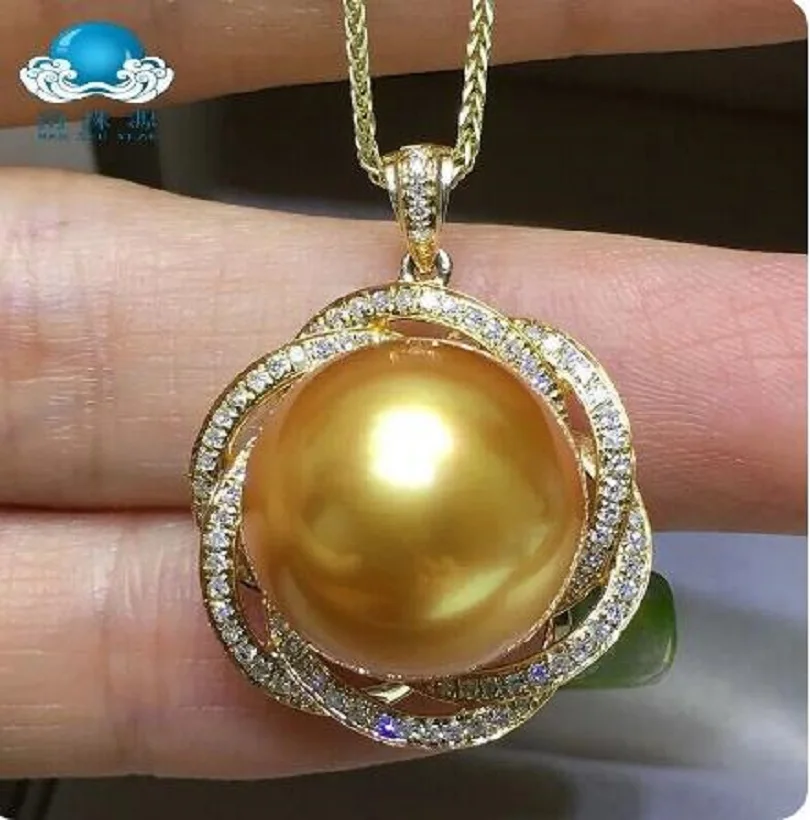 

Brand-new giant Aaa 12-13Mm natural South China Sea golden Stud pearl necklace 925S.