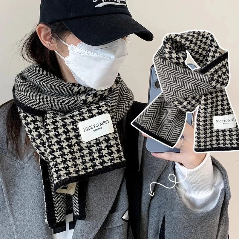 Women Plaid Scarf Winter Warm Thickened Houndstooth Shawl Korean Style Fashionable Unisex Neck Wrap for Cold Weather