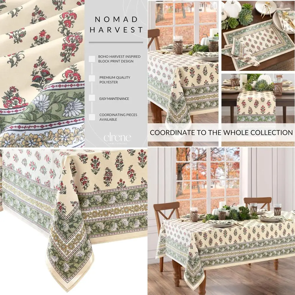 

Autumn Harvest Block Print Tablecloth, 60x144 inches, Perfect for Thanksgiving