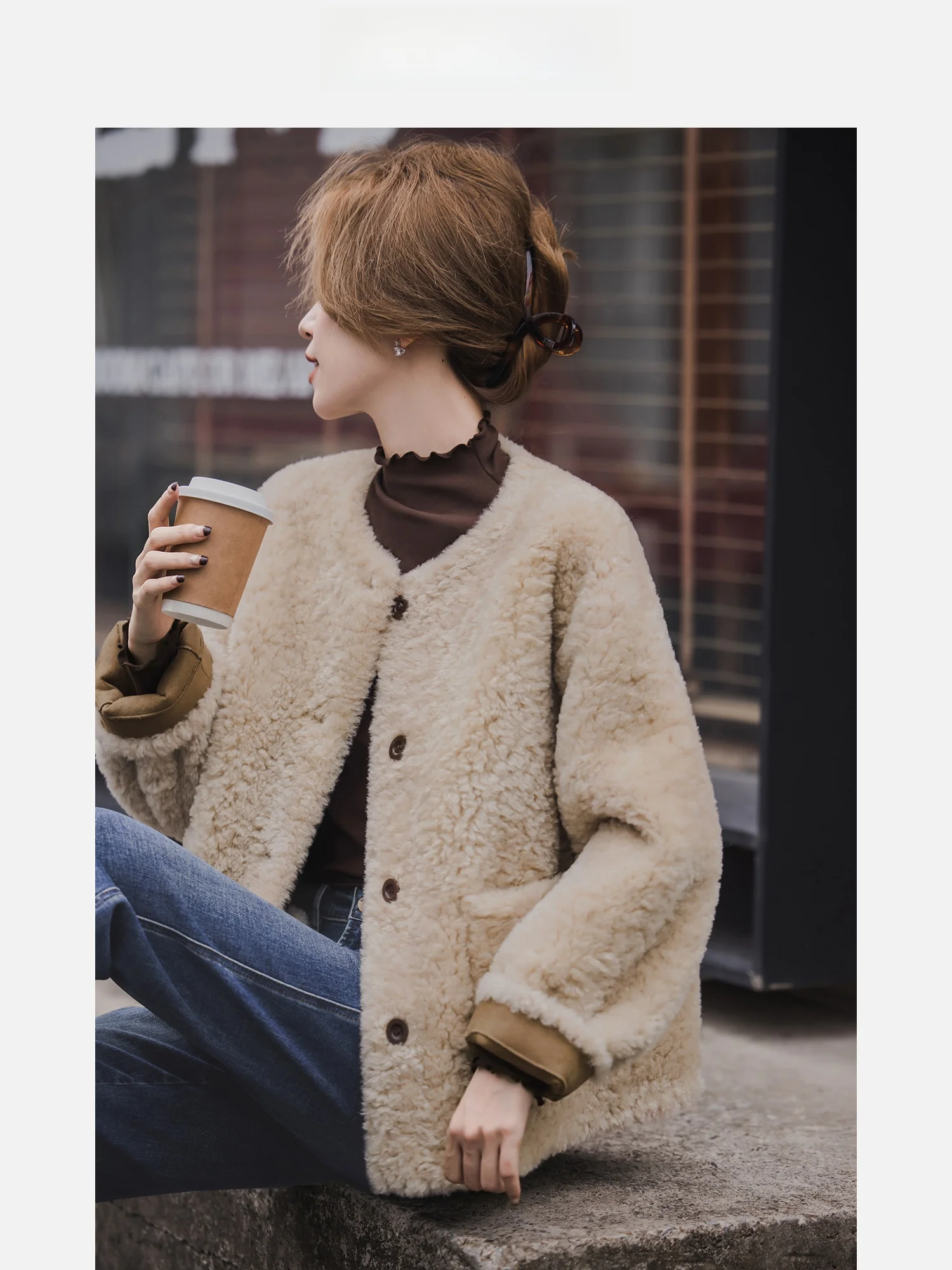 

Lazy Feel Mousse Fur Jaet Women's Autumn Winter New Simple Match ort Outerwear round Ne Button Long Sve Polyester