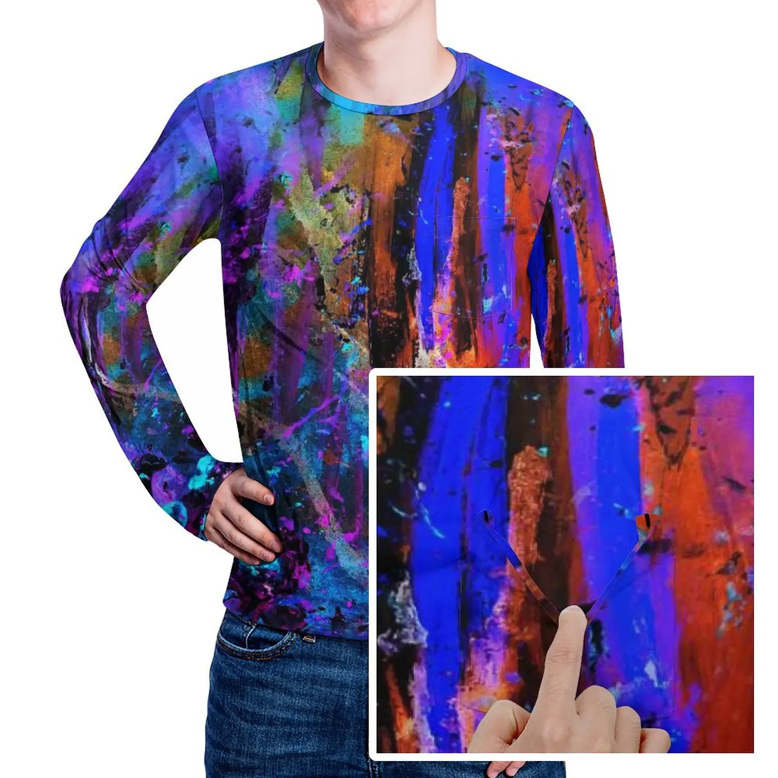 Rainbow Splatter Art T-Shirt With Pocket Colorful Splashes Hippie T Shirts Male Casual Tee Shirt Long Sleeve Custom Top Tees