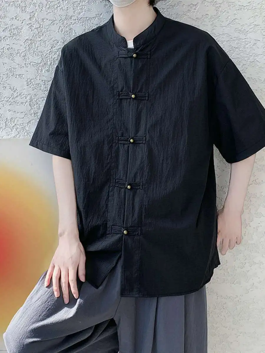 

New Summer Silk Cotton Men's irt ort Sve Chinese Sle Stand Collar Vintage Button Tang Costume Zen Loose Fit Pure Color