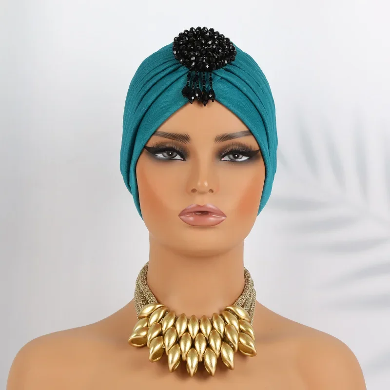 New Luxury Turban Bonnet Head Wrap Hat with Beaded Pendant Women Islamic Inner Hijab Caps Arab Wrap Head Femme Musulman Turbante