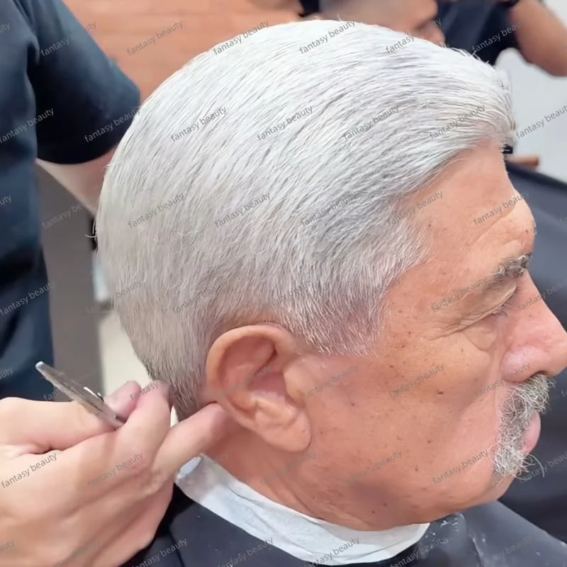 90% كثافة خط فرونت لاين طبيعي على شكل حرف V 0.03 مم PU قاعدة شعر مستعار للرجال م # 60R # 1B80 # 1B65 نظام استبدال الشعر المستعار أبيض أسود رمادي #2