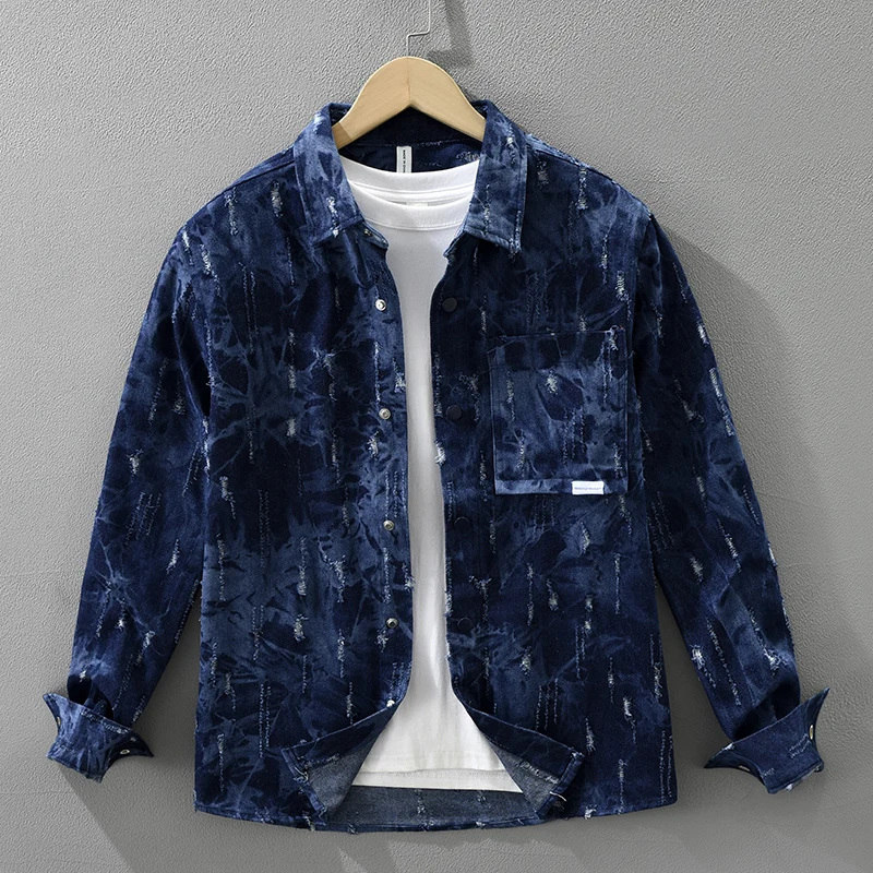 2026 Spring Autumn New Perforated Design Cotton Long Sleeve Men's Printed Denim Shirt Big Pocket Turn-down Collar Streetwear