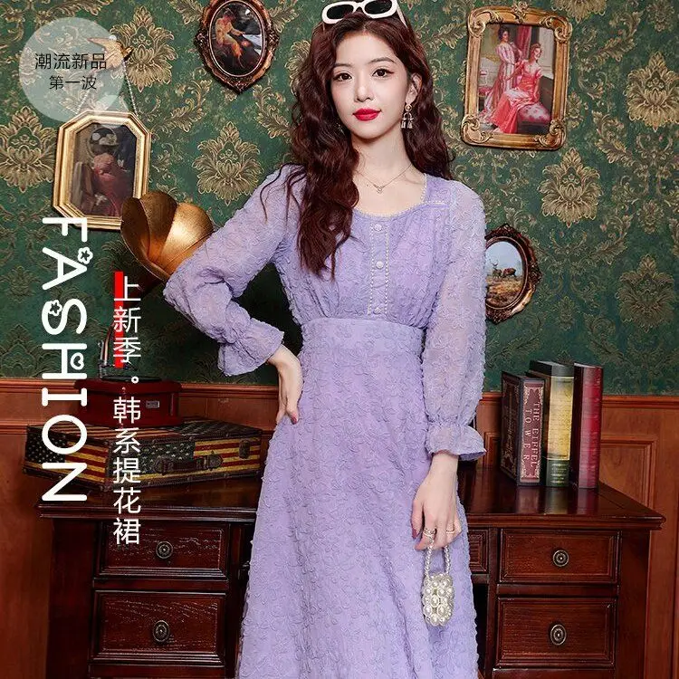 Spring&summer Pearl Decorative High -end Dress Gentle Wind, Fashionable, Covered with Thin Foreign Style Nine -sleeved Dress