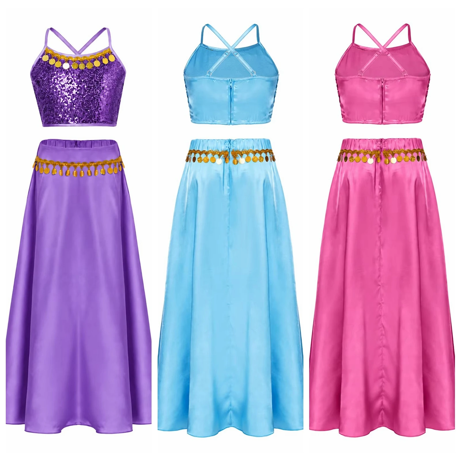 Kids Girls Princess Costume Sequin Tassel Belly Dance Outfit Halloween Carnival Costume Sequined Crop Top with Satin Skirt Suits