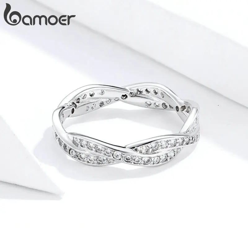 Bamoer ファッションシャイニングストーンリング女性のためのシルバーカラーリング運命のツイストスタッカブルリングウェディングギフト PA7222