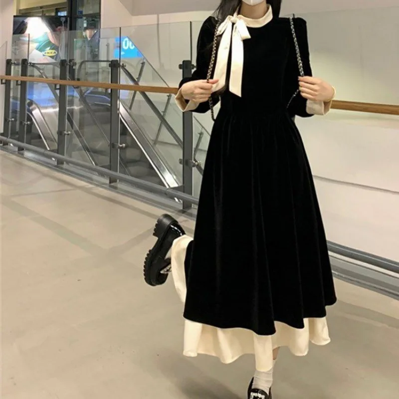 Color Blocking Stand Up Collar Bow Dress For Women Autumn Winter Retro Slimming Fit Black Long Dresses Splicing Length Vestidos