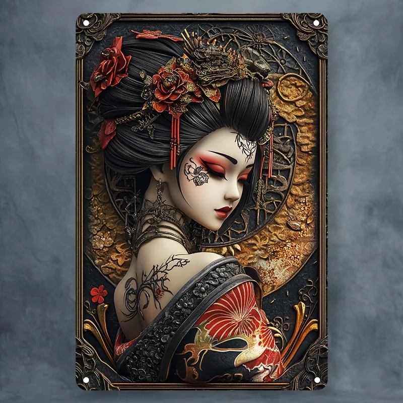 

Classic Geisha Tattoo Art Decorative Aluminum Sign, Multipurpose Wall Hanging Plaque for Bar, Restaurant, Wreath Display