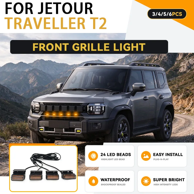 jetour-traveller-t2用-24led-フロントグリルライト、デイタイムランニングライト、警告灯、防水仕様、小型の黄色いライト、カーアクセサリー。