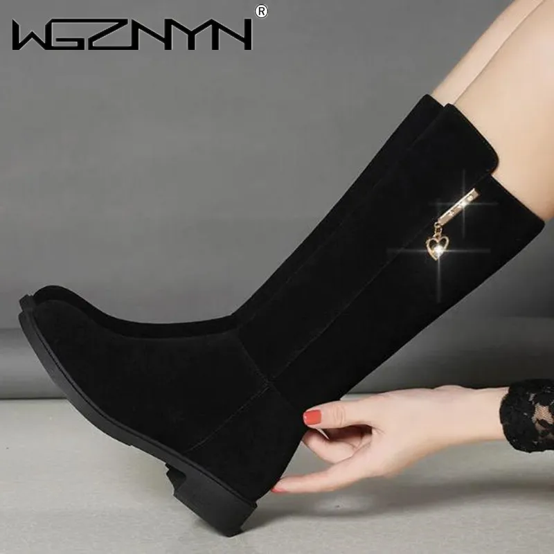 2023 New Women Warm Snow Plush Boots Snow Casual Flat All-match Cotton Fashion Side Zipper Winter Shoes Thigh High Boot Black