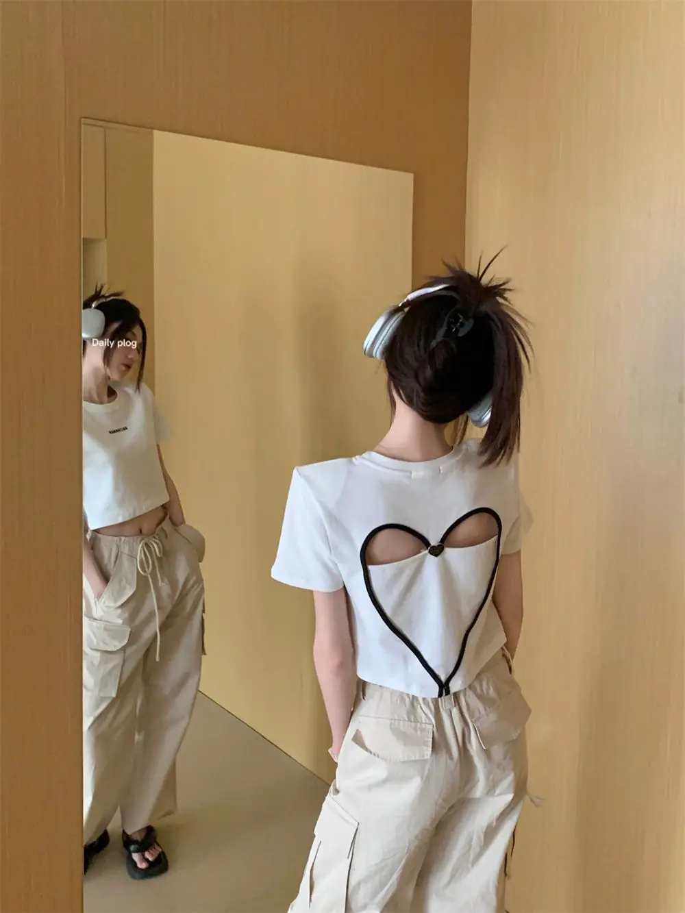 Heart Hollowed Out Print Slim Short Sleeve T Shirt for Women Vintage Y2k Clothes Crop Tops Korean Fashion Camisetas 2023