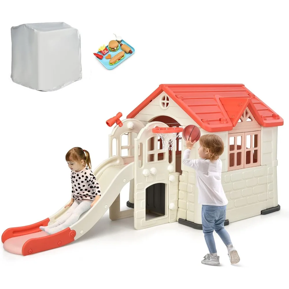 Kids Playhouse and Slide Set, 7 in 1 Outdoor Cottage Pretend Playhouse with Working Doors and Windows, Indoor Playground Set