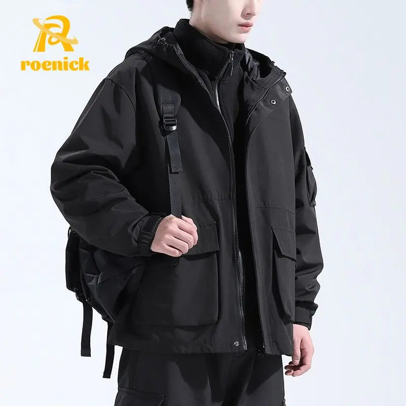 

ROENICK Men's Winter Autumn Padded Thick Zip Jackets Male Removable Waterproof Hooded Coats Pockets Windbreaker Outwear