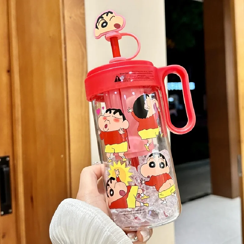 Crayon Shin Chan Boochan Cartoon Glass Straw Cup Comic Periphery Glass Cup with Hat Cute Portable A Girlfriend Birthday Girls