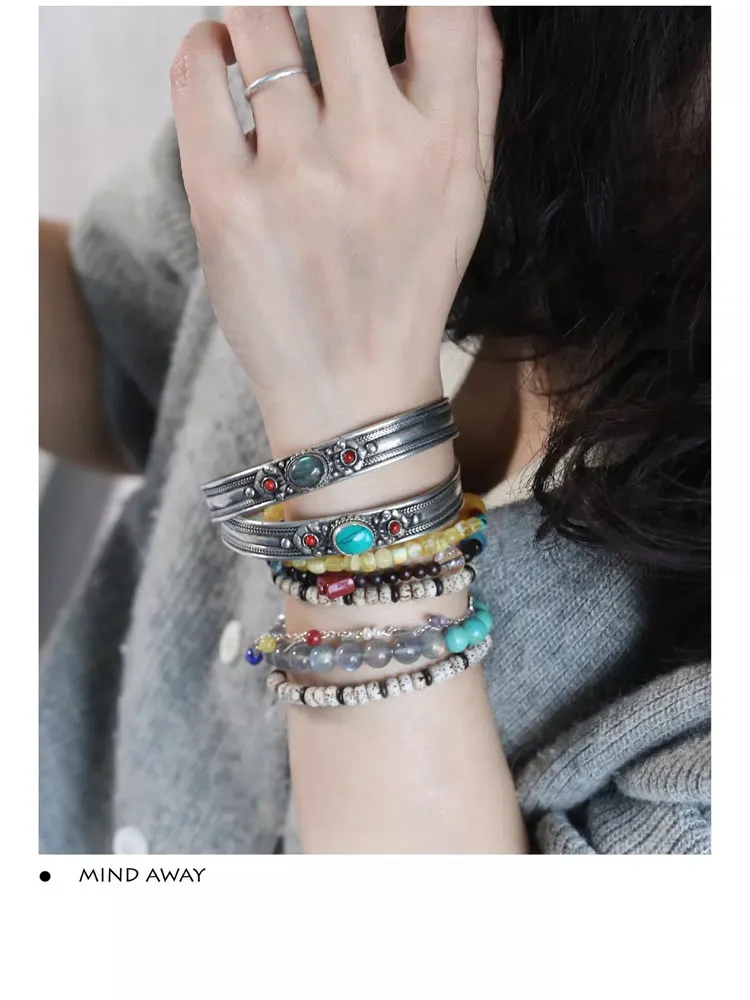 BB-456 Tibetan Bangles White Metal Copper Inlaid Simulated Turquoise Open Cuff Bangle Nepal vintage Jewelry