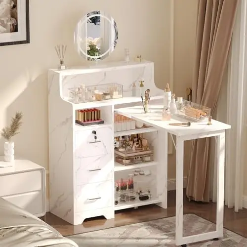 Foldable Nail Desk for Nail Tech, Portable Manicure Table, L Shape Nail Table with Power Outlets & Lockable Drawer &