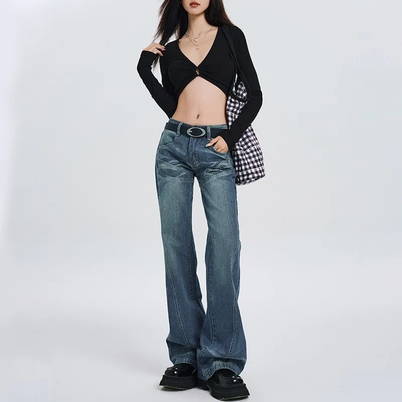 

Streetwear Low Rise Flared Jeans y2k Vintage Slim-fitting All-match Blue Denim Pants Casual 2000s clothes Women's Jeans