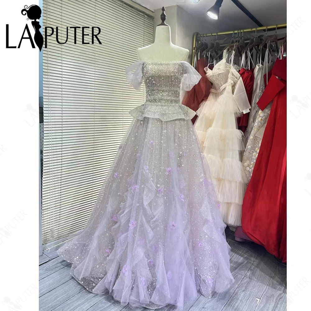 

Exquisite A line Tulle Prom Dresses Luxury Crystal Bodice Evening Gown Side Sleeves Peplum Tiny Flowers Formal Dress